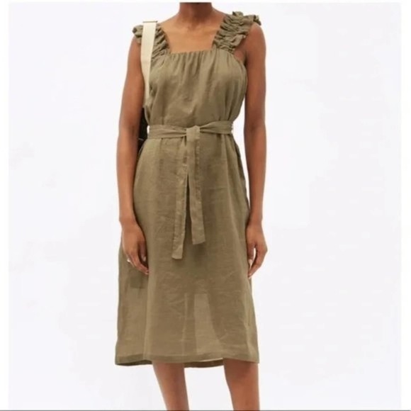 Frame Denim Dresses & Skirts - FRAME Ruffled Strap Ramie Dress Lined Large Moss Green w/ belt